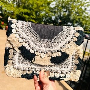 Bohemian Envelope Wristlets Banjara Clutch Black and Cream Color With tassels